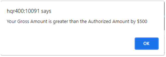 Gross amount is greater than authorized amount error message.