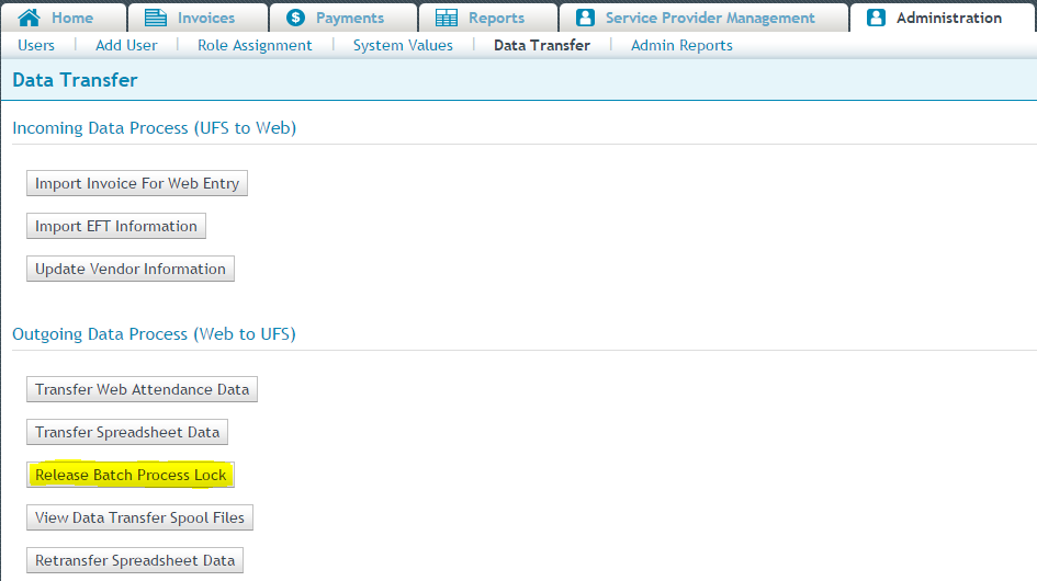 Data transfer page on eBilling with the 'Release Batch Process Loc' button highlighted. 