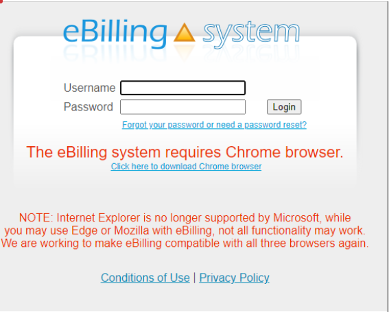  eBilling login page with a notification saying The eBilling system requires Chrome Browser