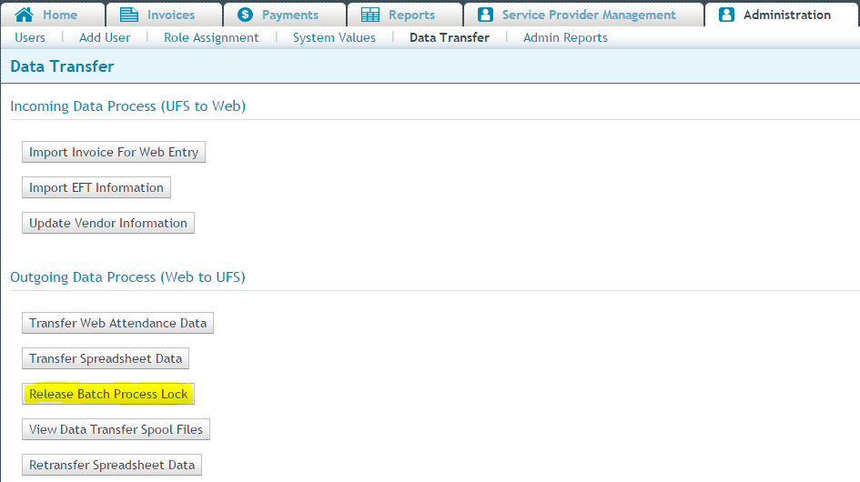 Data transfer page on eBilling with the 'Release Batch Process Loc' button highlighted.
